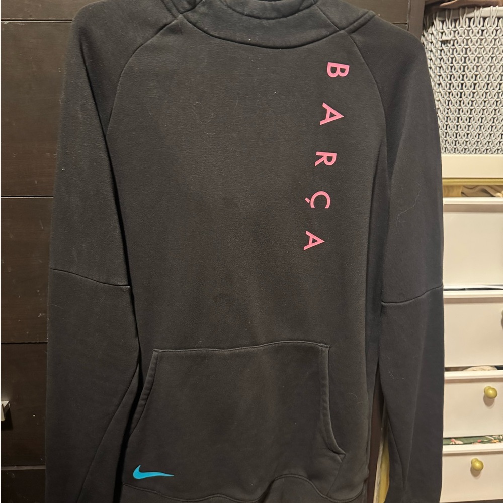 NIKE FC BARCELONA HOODIE Youth XL Black Soccer Pullover Fleece Sweatshirt Barca